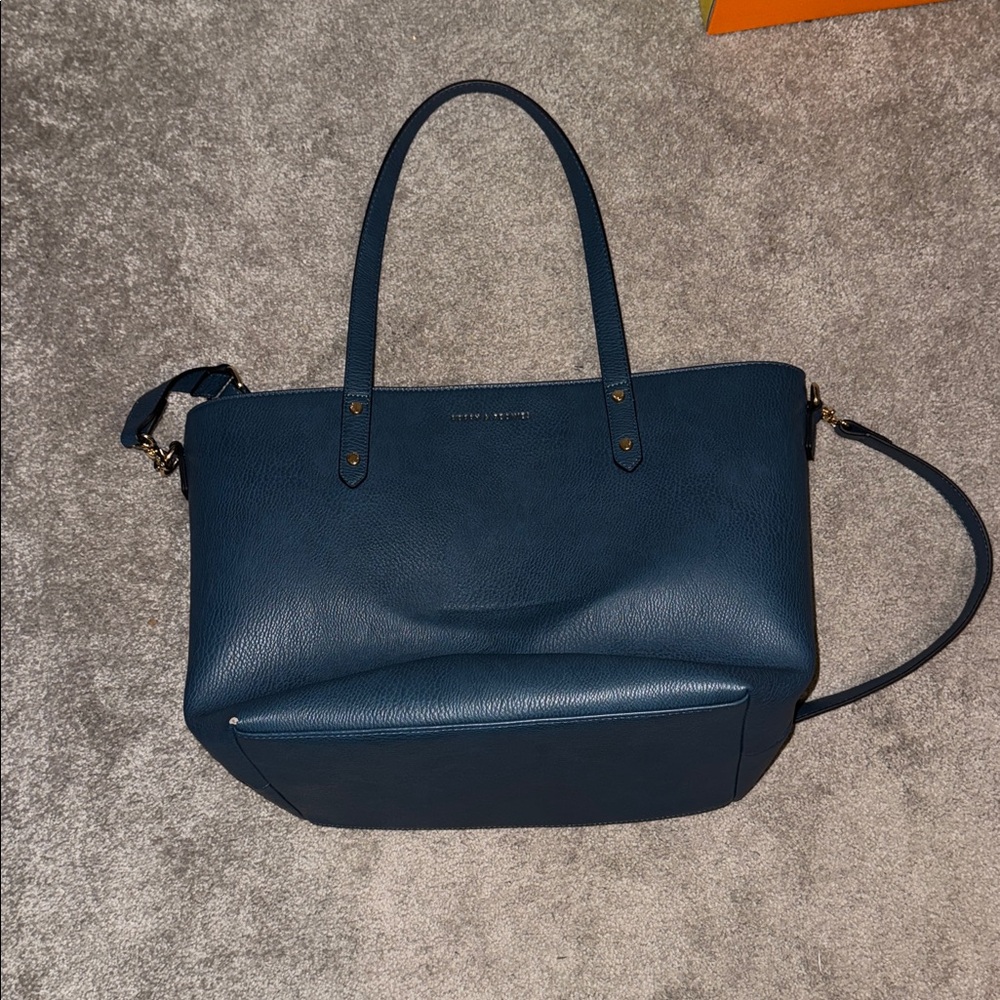 Poppy & Peonies Teal Blue Leather Laptop Tote